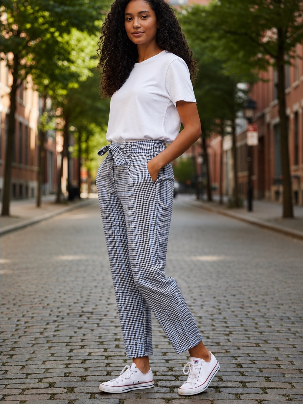 Ann Taylor Black & White Gingham Tie-Waist Ankle Pants